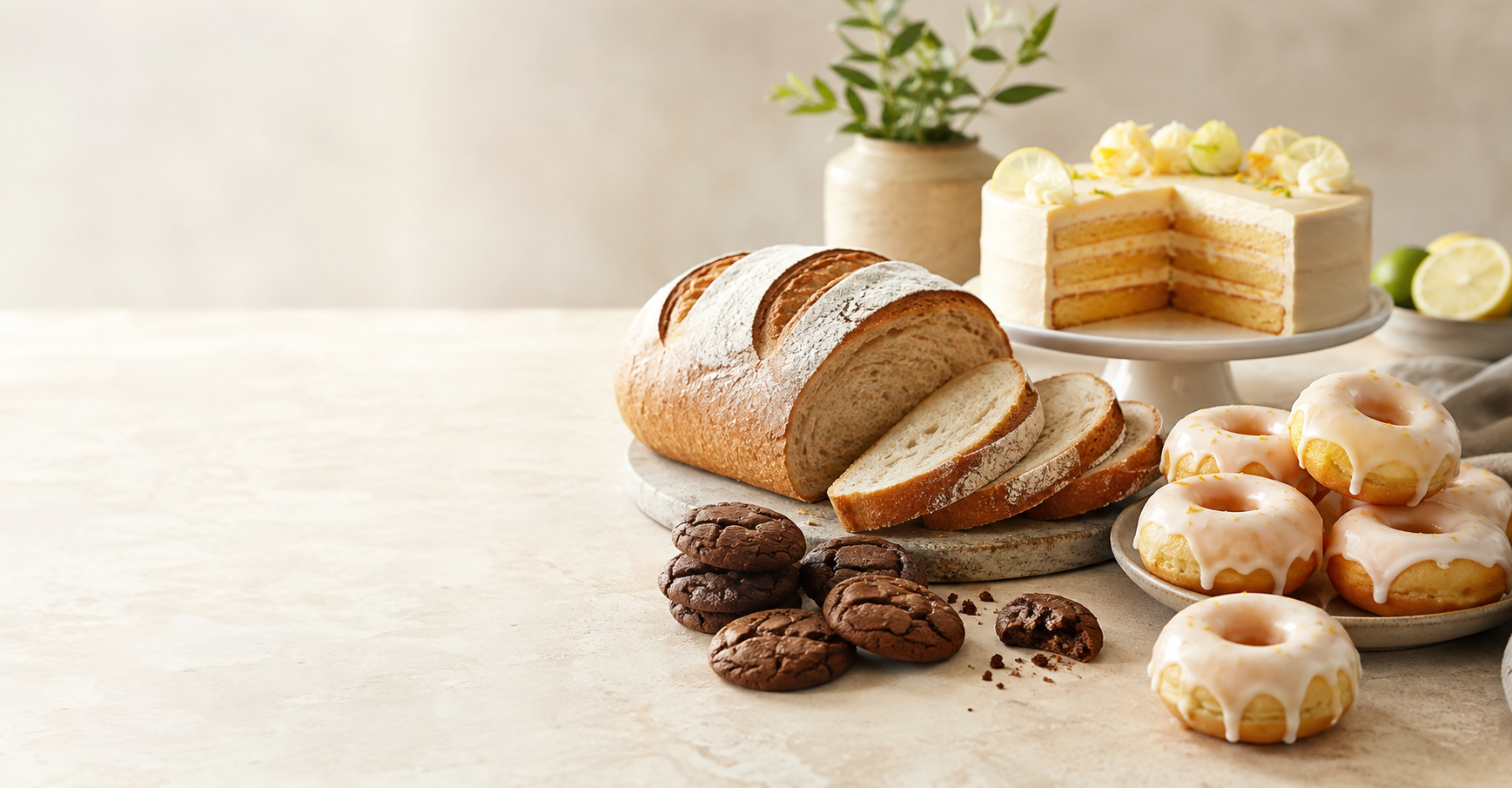 Selección de panes, cookies, donas y torta de pastelería